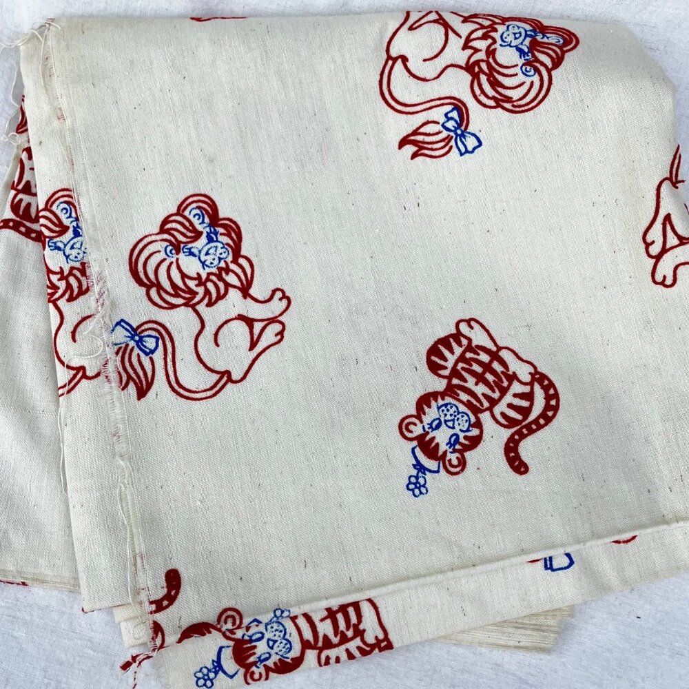 Ivory Linen Red Flocked Lions & Tiger Fabric